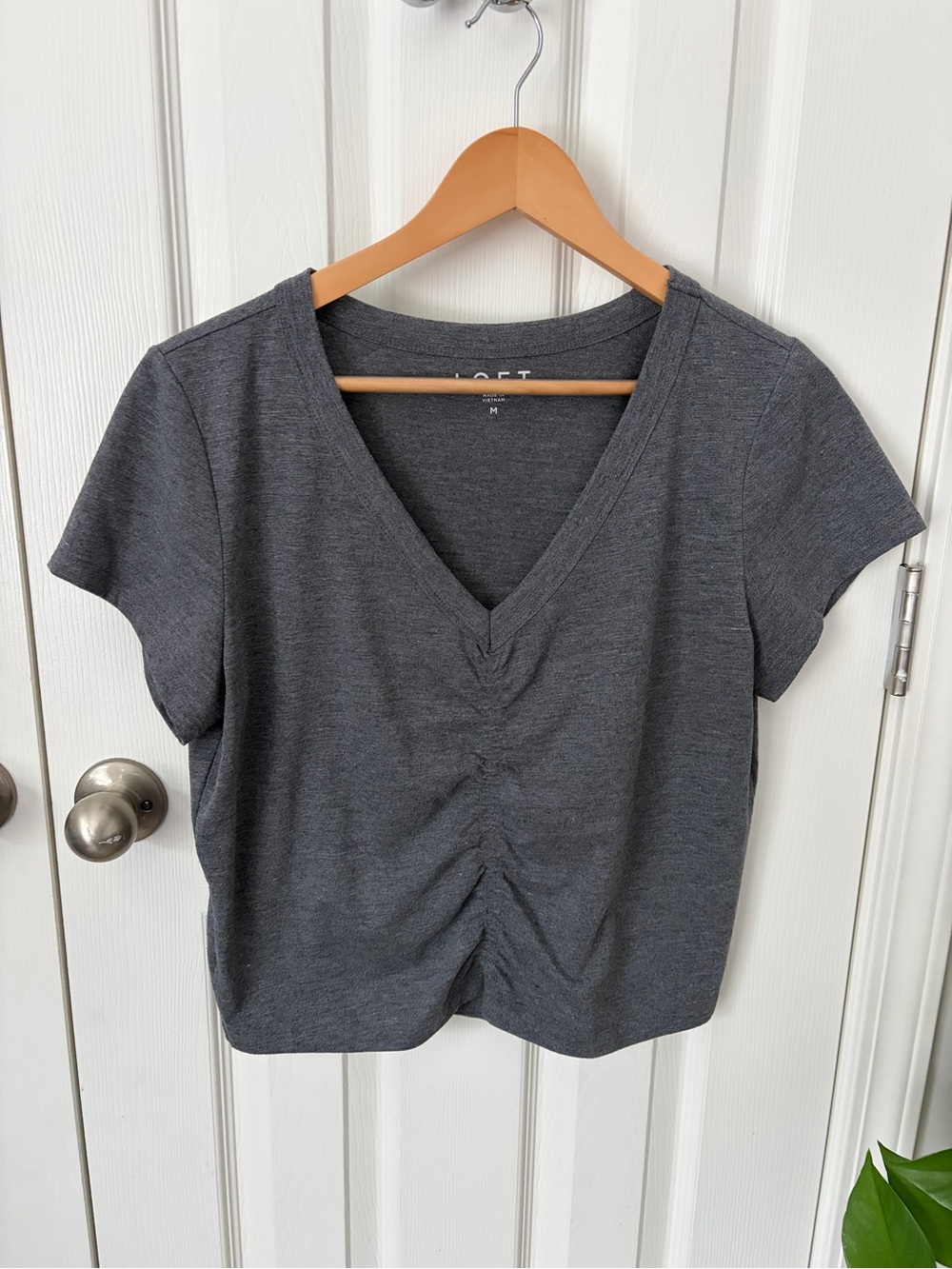 LOFT Charcoal V-Neck Ruched Short Sleeve Tee